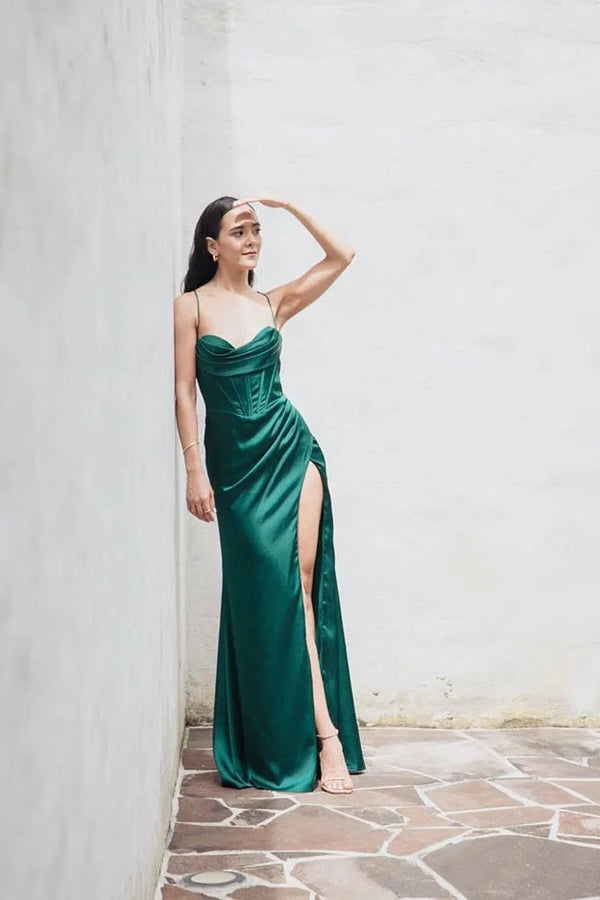 Vestido Longo De Cetim Decote Coração Com Fenda Glamour Verde