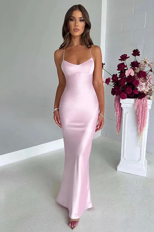 Vestido Longo De Cetim Decote Coração Rosa