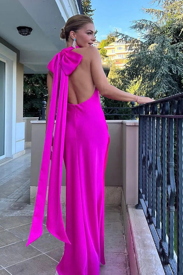 Vestido Longo Gola Halter Com Amarração No Pescoço Rosa