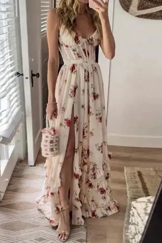 Vestido Longo Com Fenda Estilo Corset Estampa Floral