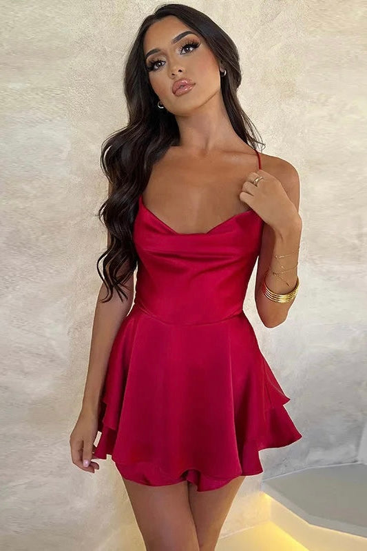 Vestido Curto De Cetim Alça Fina Vermelho