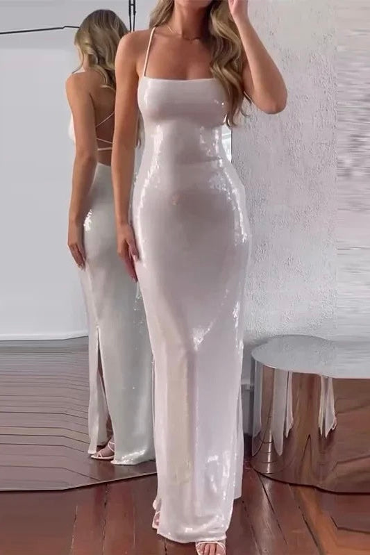 Vestido Longo Com Brilho Alça Fina Com Fenda Branco