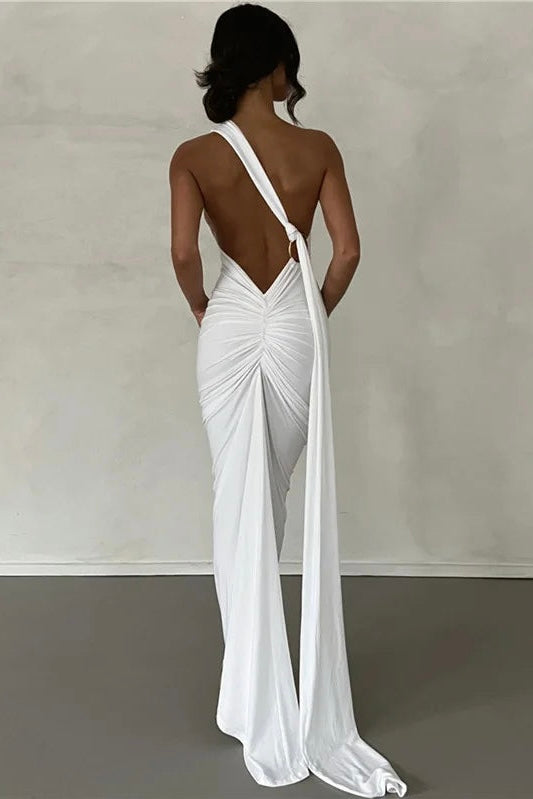 Vestido Longo Drapeado Um Ombro Só Branco