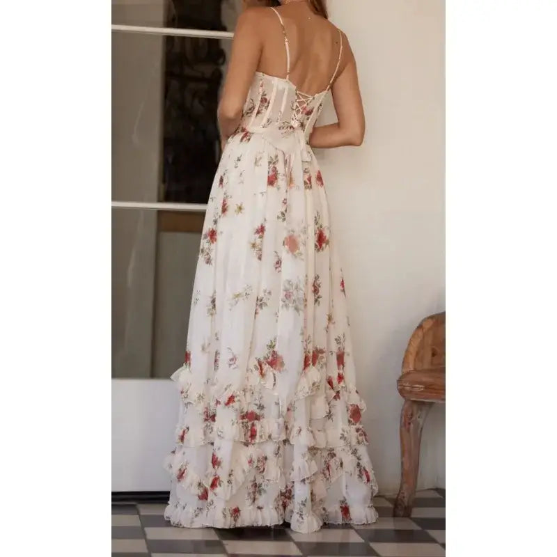 Vestido Longo Com Fenda Estilo Corset Estampa Floral