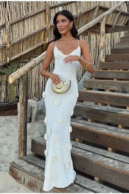 Vestido Longo Decote V Flores 3D Off White