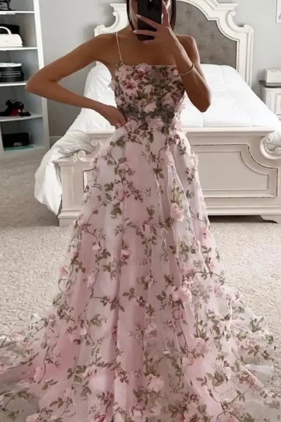 Vestido Longo Bordado À Mão Flores Rosa