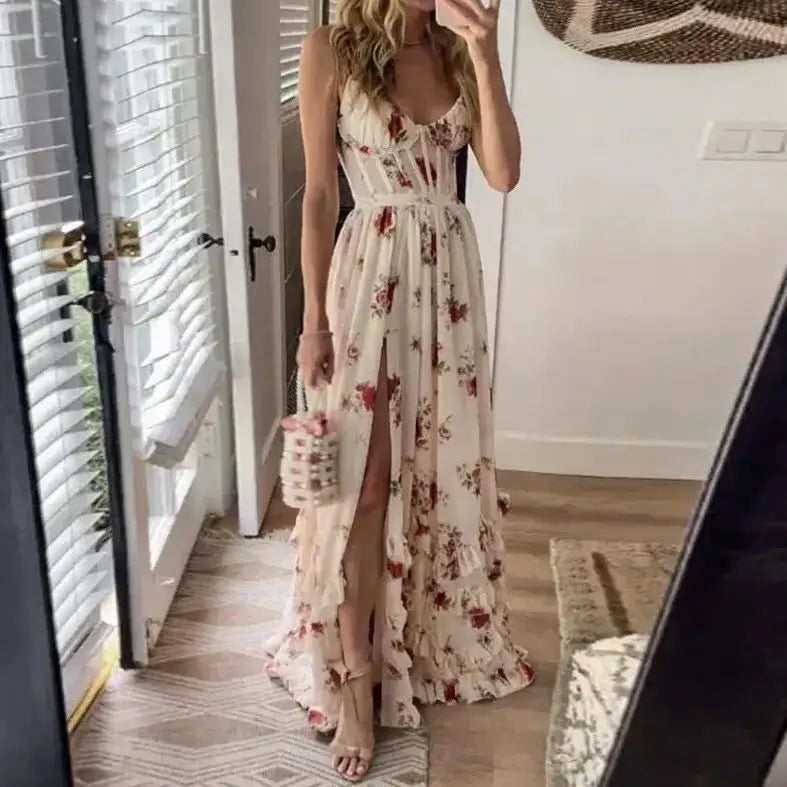 Vestido Longo Com Fenda Estilo Corset Estampa Floral