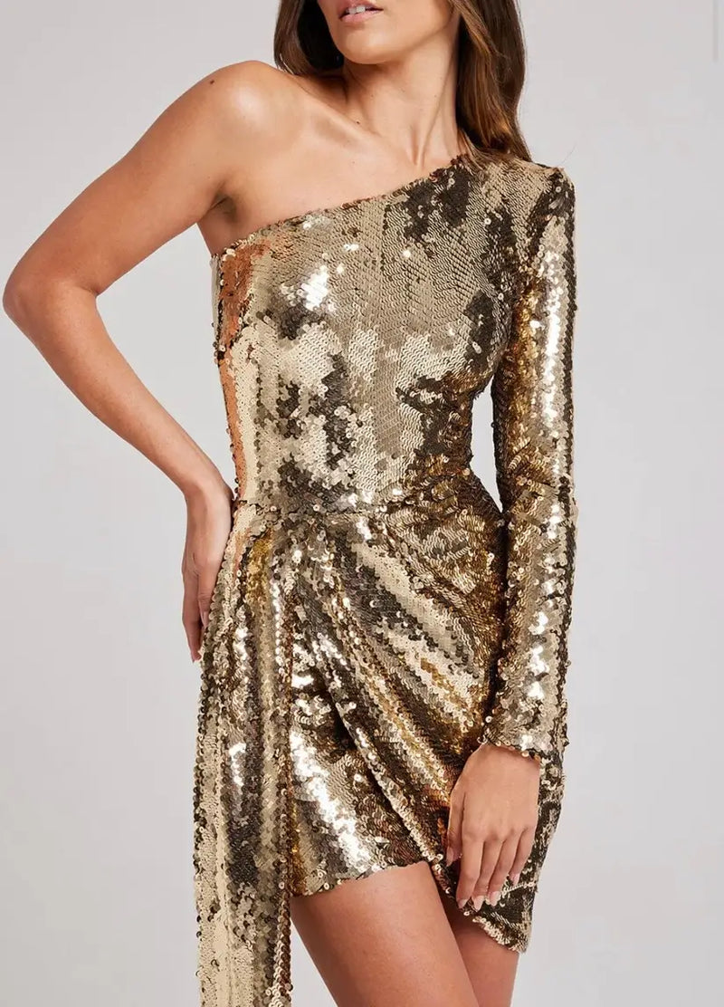 Vestido Curto De Paetês Um Ombro Só Manga Longa Dourado