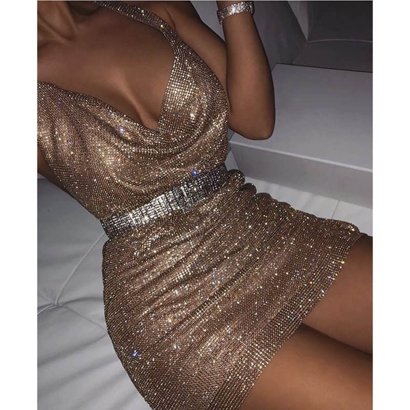 Vestido Curto Todo Em Strass Costas Aberta Dourado