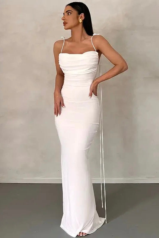 Vestido Longo Cauda Drapeada Alça Fina Branco