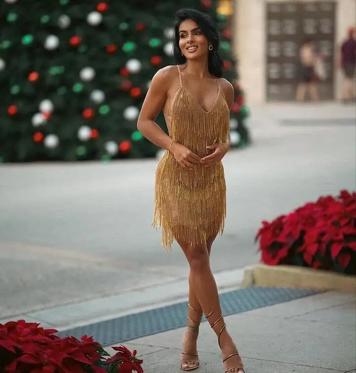 Vestido Curto De Franjas Com Strass Dourado