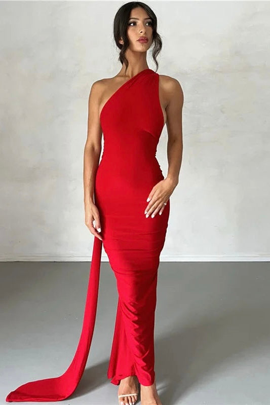 Vestido Longo Drapeado Um Ombro Só Vermelho