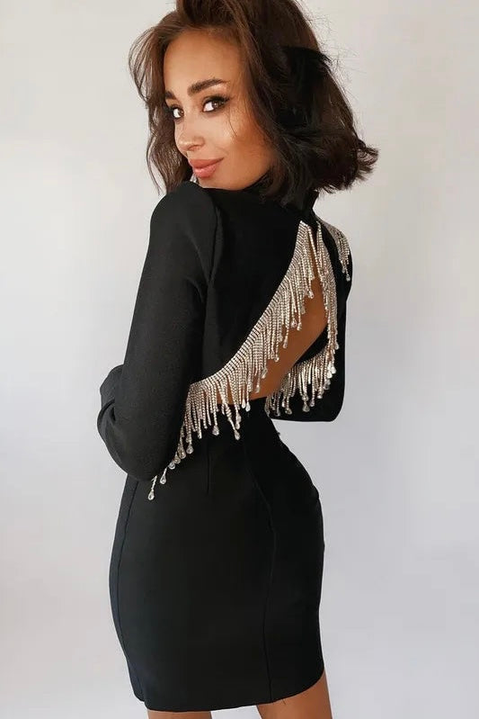 Vestido Curto Manga Longa Com Strass Preto