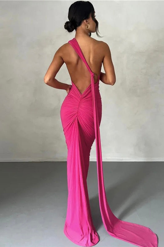 Vestido Longo Drapeado Um Ombro Só Rosa