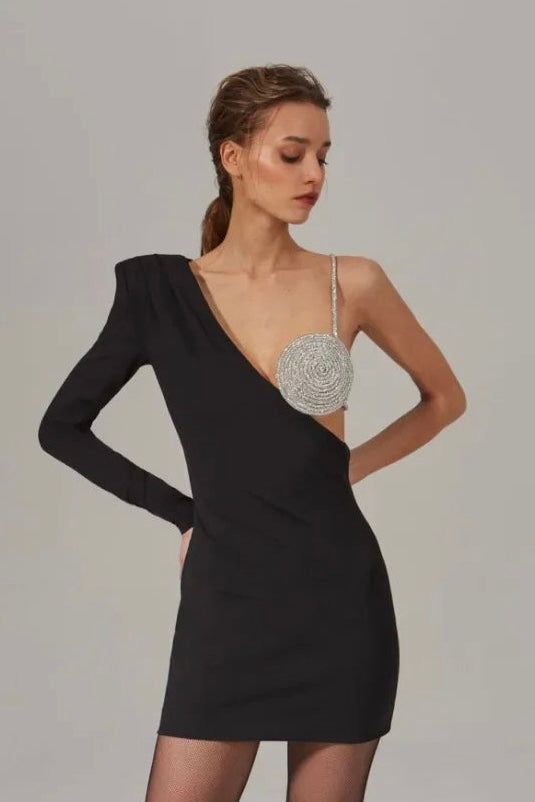 Vestido Curto Um Ombro Só Top Strass Preto