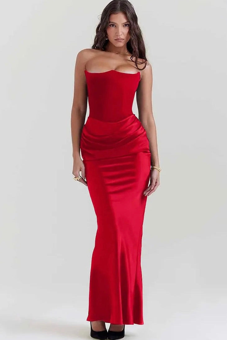 Vestido Longo Corset Drapeado Vermelho