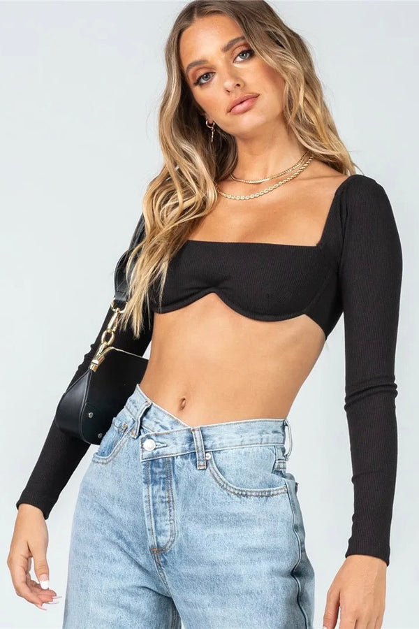 Top Cropped Decote Reto Manga Longa Preto