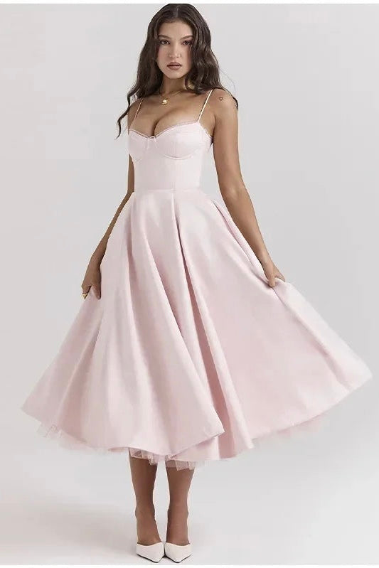 Vestido Rodado Decote Coração Rosa