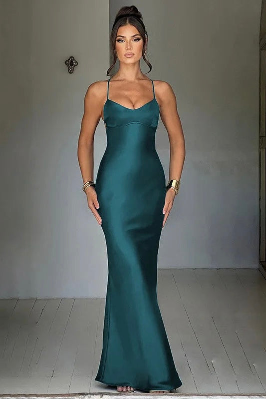 Vestido Longo De Cetim Decote Coração Verde