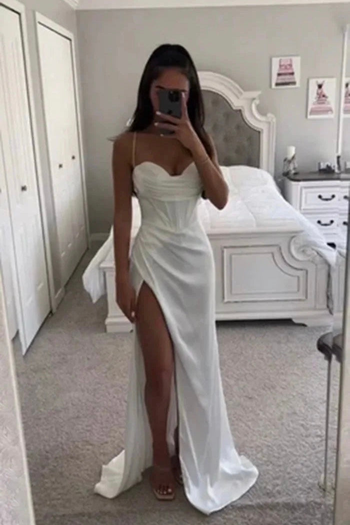 Vestido Longo De Cetim Decotes Coração Com Fenda Glamour