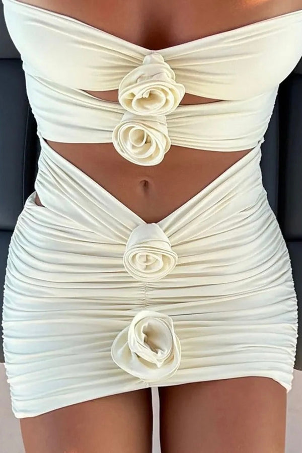 Conjunto 2 Peças Maiô + Saia Flores 3D Branco