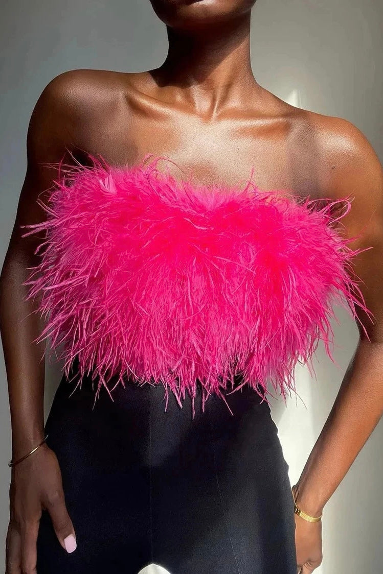 Top Cropped Tomara Que Caia Com Plumas Pink