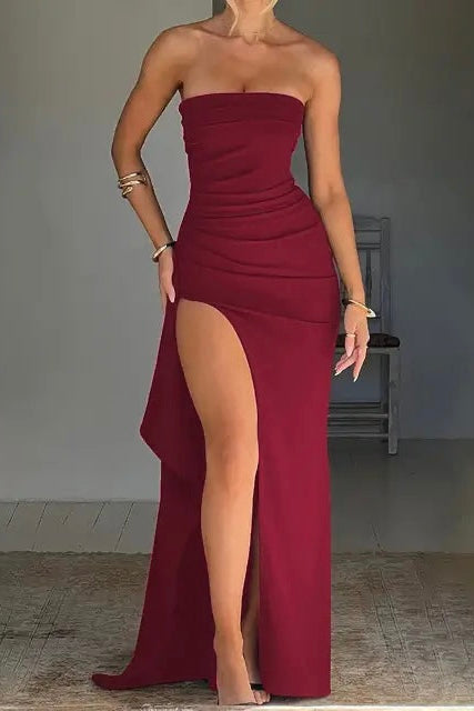 Vestido Longo Tomara Que Caia Com Fenda Vinho