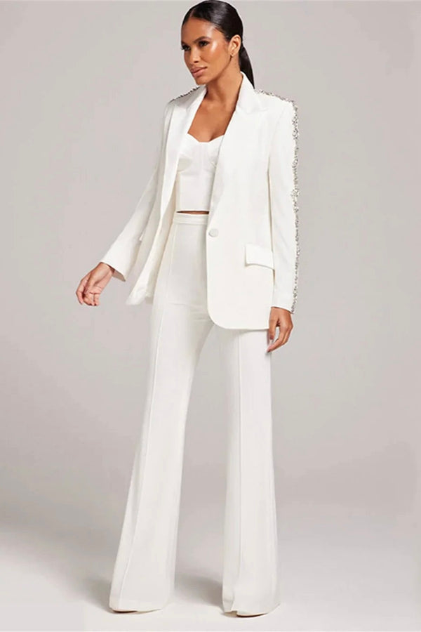 Conjunto Alfaiataria 2 Peças Blazer e Calça Com Pedraria Branco