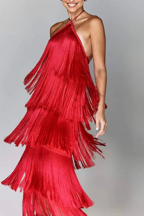 Vestido Longo De Franja Com Amarração No Pescoço Vermelho