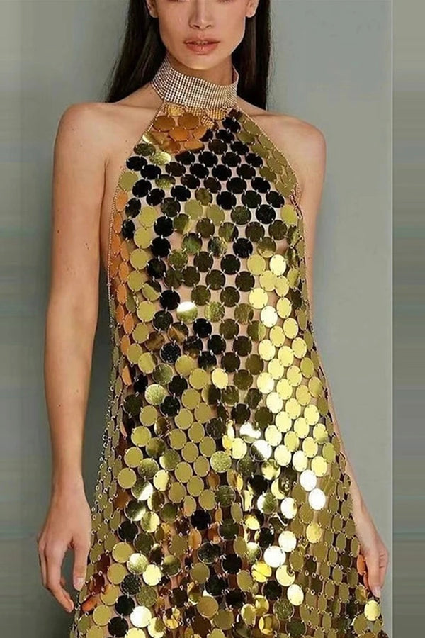 Vestido Curto De Lantejoulas Gola Halter Dourado