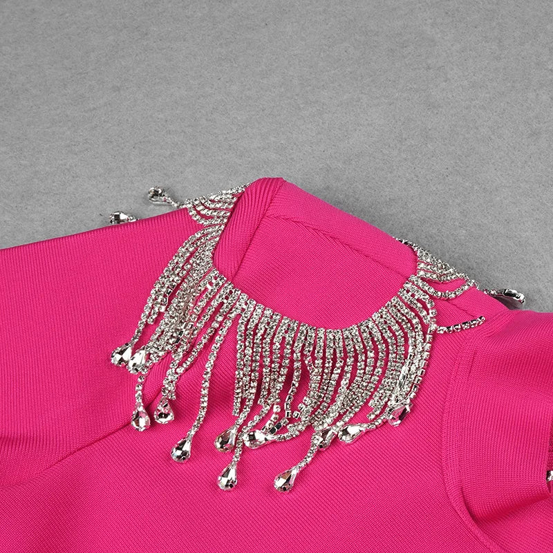 Vestido Curto Manga Longa Com Strass Rosa