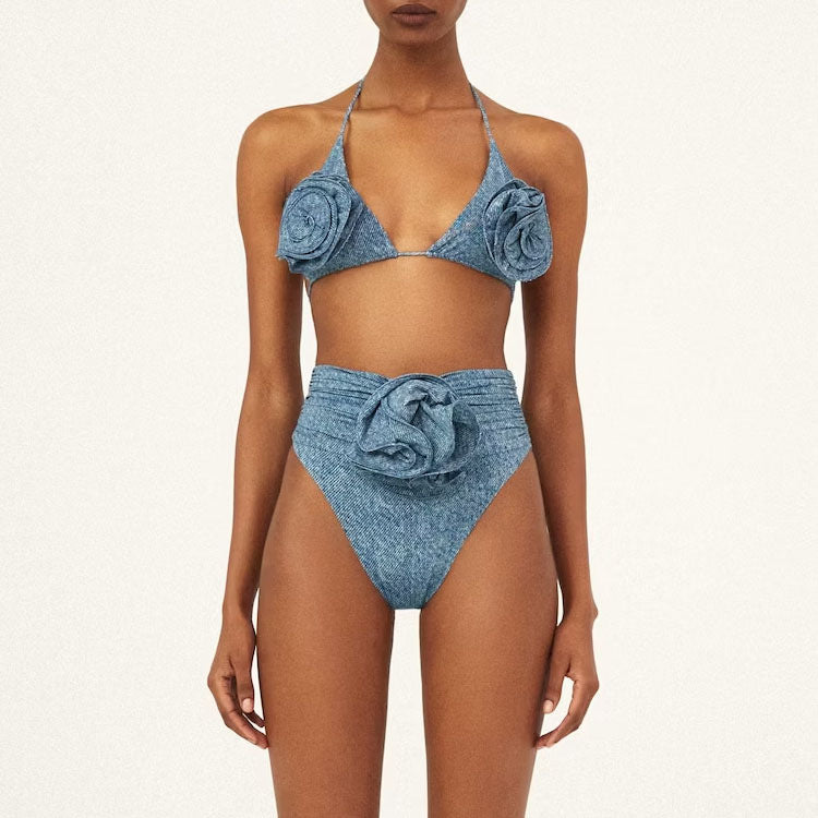 Biquíni Cortininha Flores 3D Hot Pants Azul