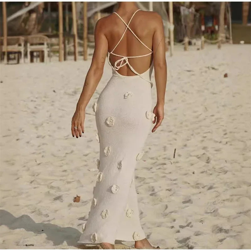 Vestido Longo Decote V Flores 3D Off White