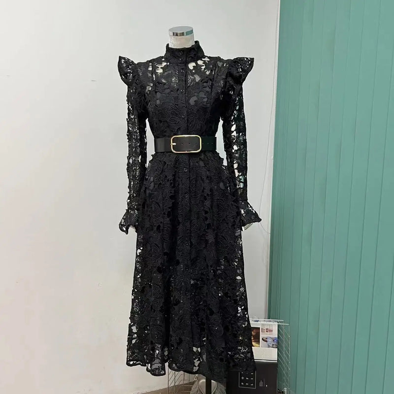 Vestido Midi Rendado Manga Longa Com Cinto Preto