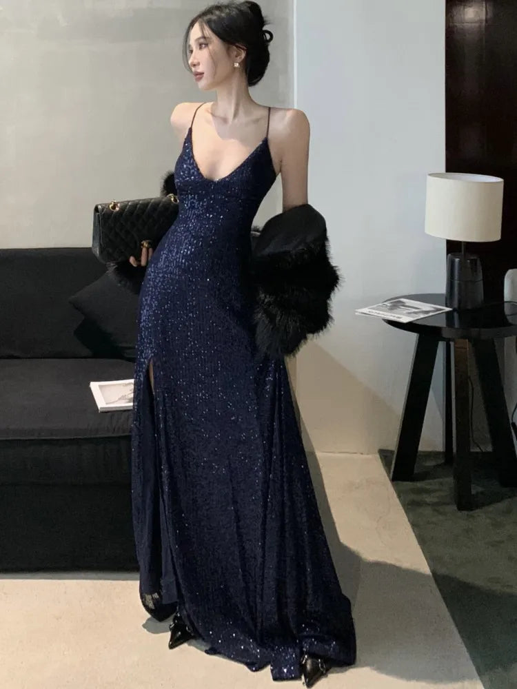 Vestido Longo De Paetês Alça Fina Com Fenda Azul