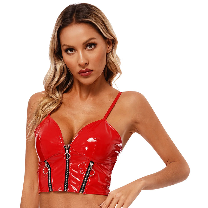 Top Cropped De Couro Eco Envernizado Com Alças Finas Vermelho