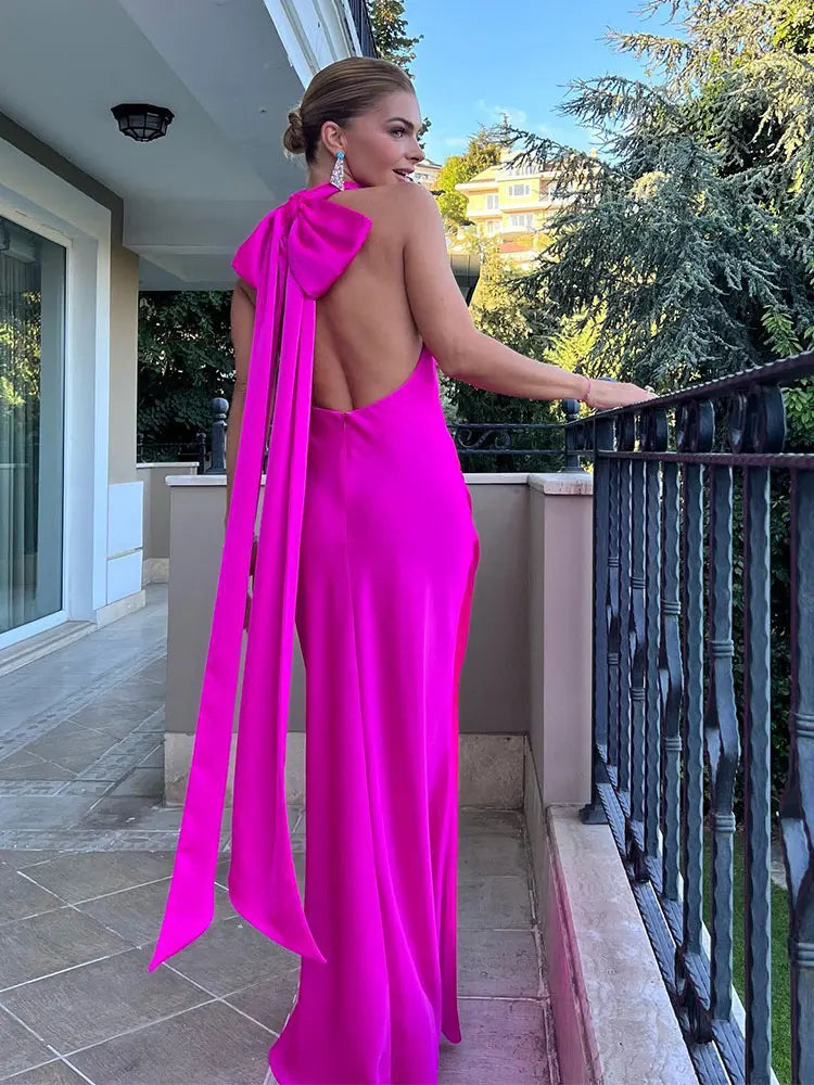 Vestido Longo Gola Halter Com Amarração No Pescoço Rosa