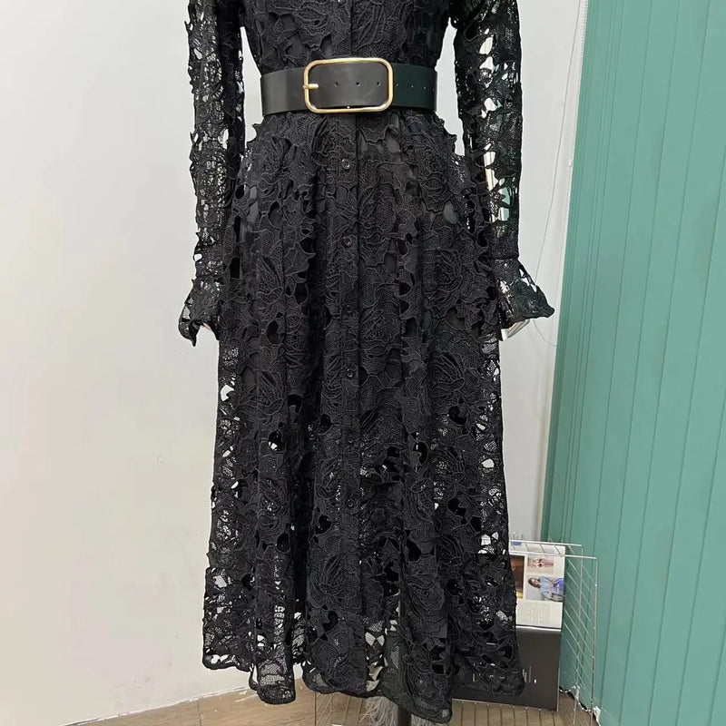 Vestido Midi Rendado Manga Longa Com Cinto Preto