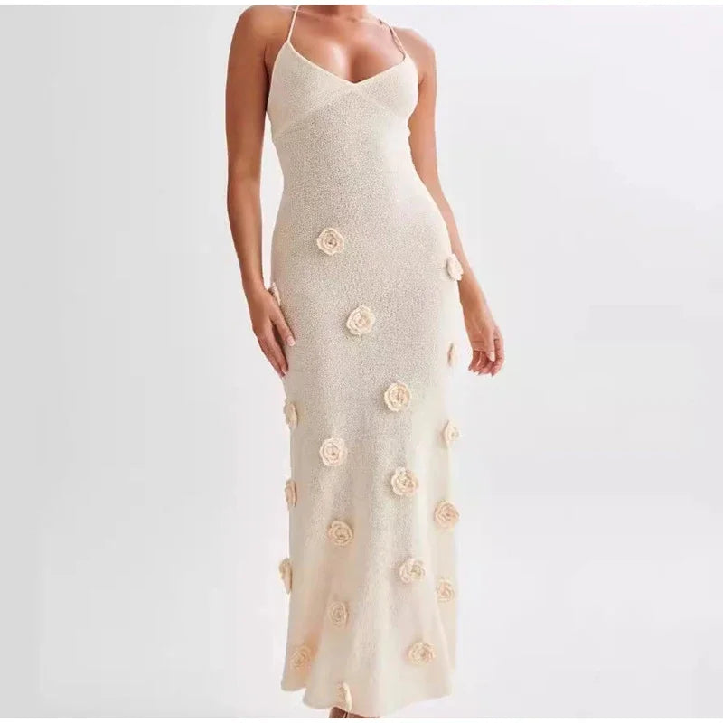Vestido Longo Decote V Flores 3D Off White