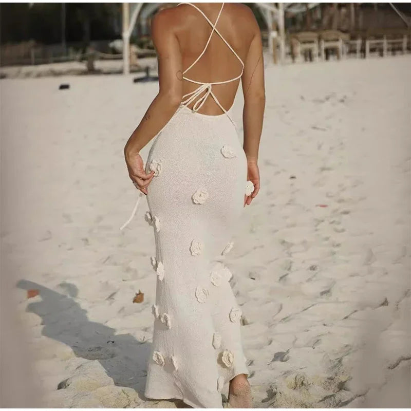 Vestido Longo Decote V Flores 3D Off White