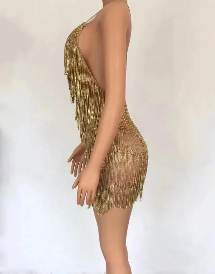 Vestido Curto De Franjas Com Strass Dourado