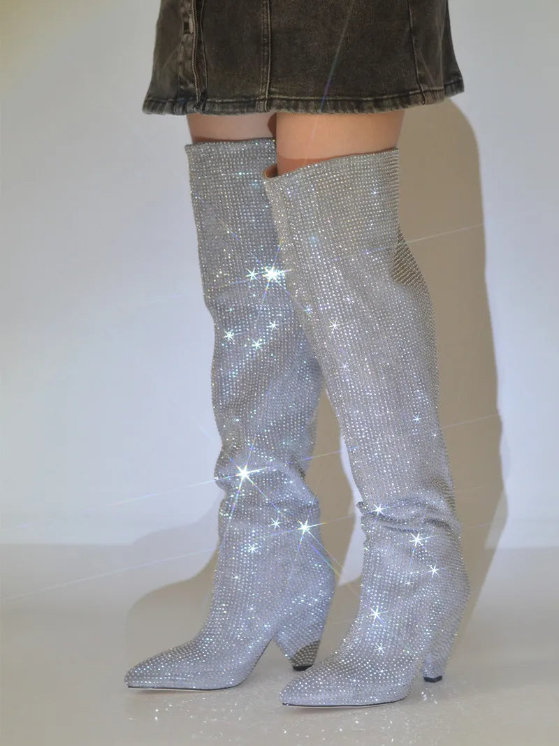 Bota Bico Fino Cano Alto 9cm Com Strass Prata