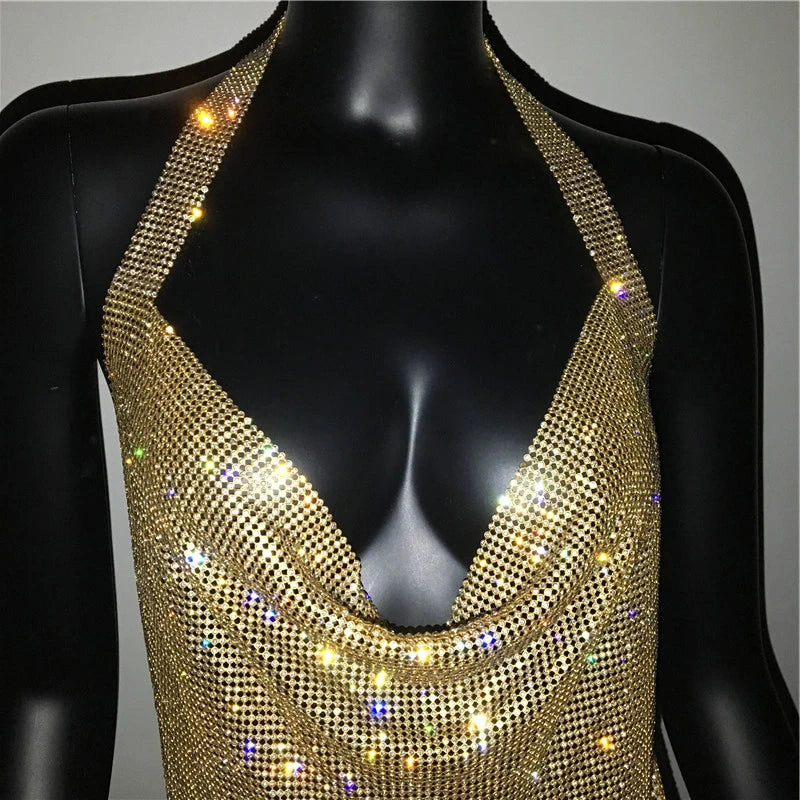 Vestido Curto Todo Em Strass Costas Aberta Dourado