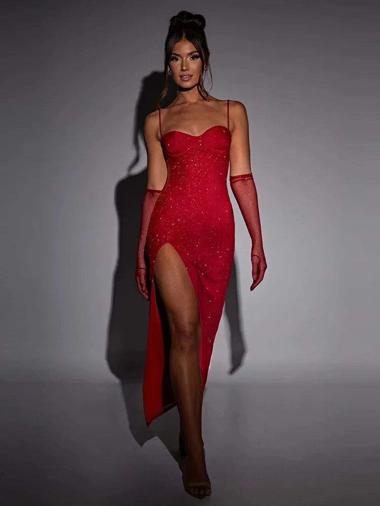 Vestido Longo Em Lurex Brilhoso Com Fenda Vermelho