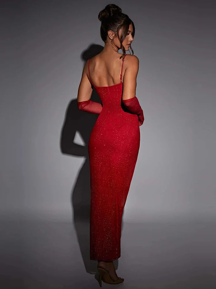 Vestido Longo Em Lurex Brilhoso Com Fenda Vermelho