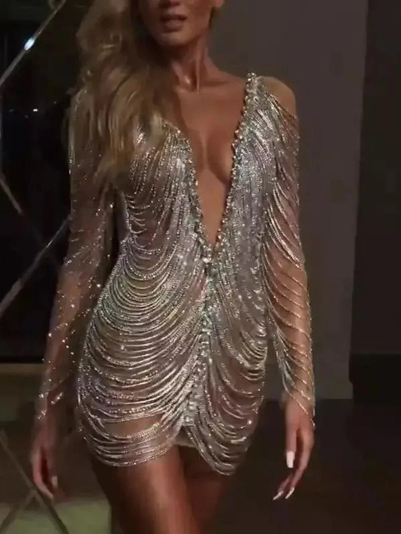 Vestido Curto De Strass Manga Longa Decote Profundo