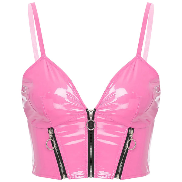 Top Cropped De Couro Eco Envernizado Com Alças Finas Rosa