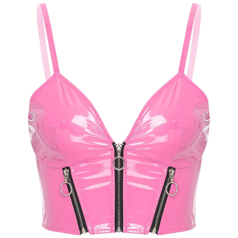 Top Cropped De Couro Eco Envernizado Com Alças Finas Rosa