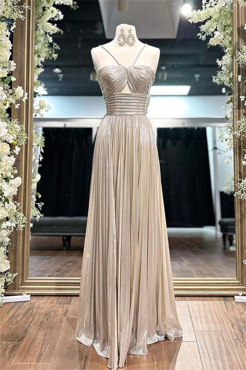 Vestido Longo Metalizado Plissado Dourado
