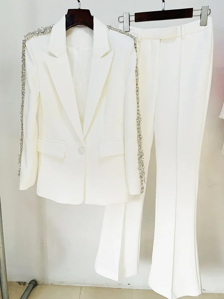 Conjunto Alfaiataria 2 Peças Blazer e Calça Com Pedraria Branco